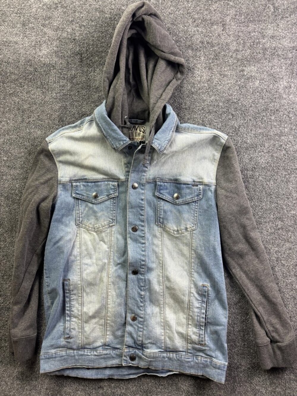 Dravus Jacket Mens Large Blue Denim Hooded Varsity Button Front Casual